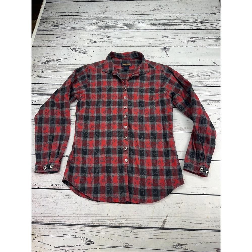 Woolrich Womens Small Red Black Plaid Flannel Button Up Shirt Floral Long Sleeve